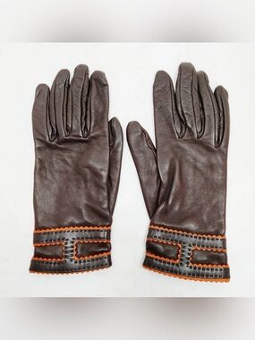 Authentic Hermès Classic H Orange Scalloped Edge Brown Lambskin Leather Gloves 7